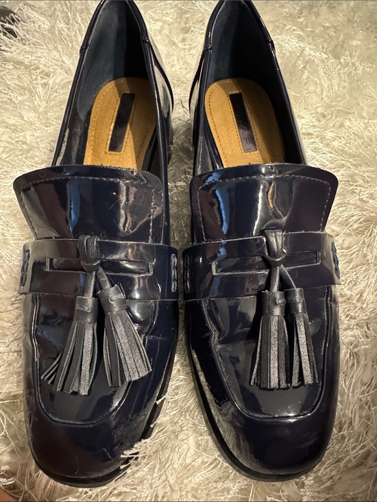 Tahari Shoes - Tahari Navy Patent Tassel Loafers